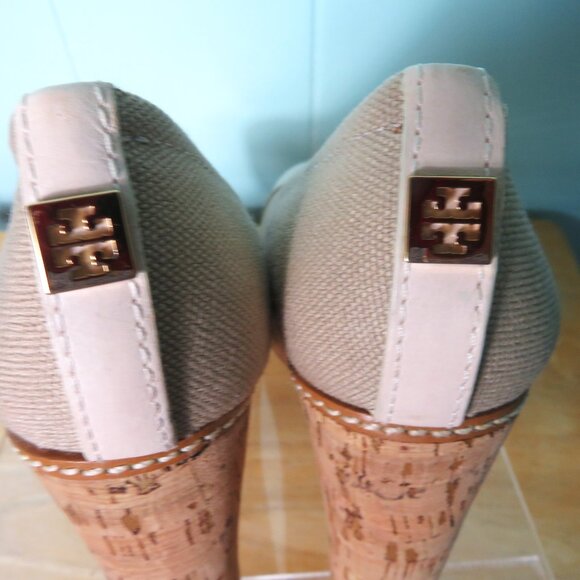 Tory Burch Shoes Wedge Heel Pumps Tan & Beige Leather & Cork Size 7 1/2 M - Picture 10 of 13